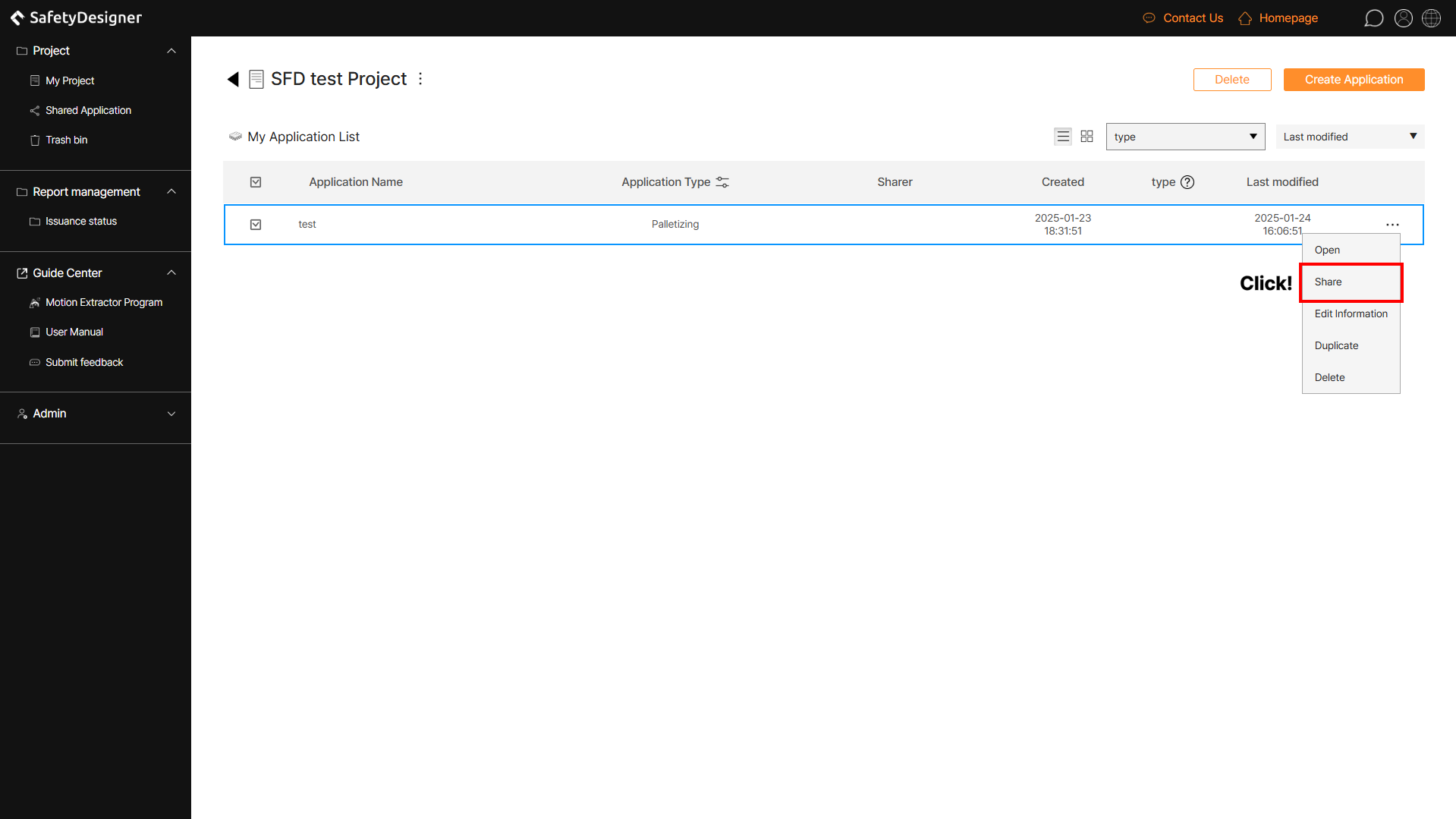 Application list – Click Share