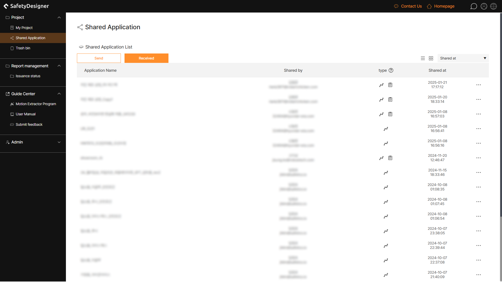 Main Page – Project – Shared application