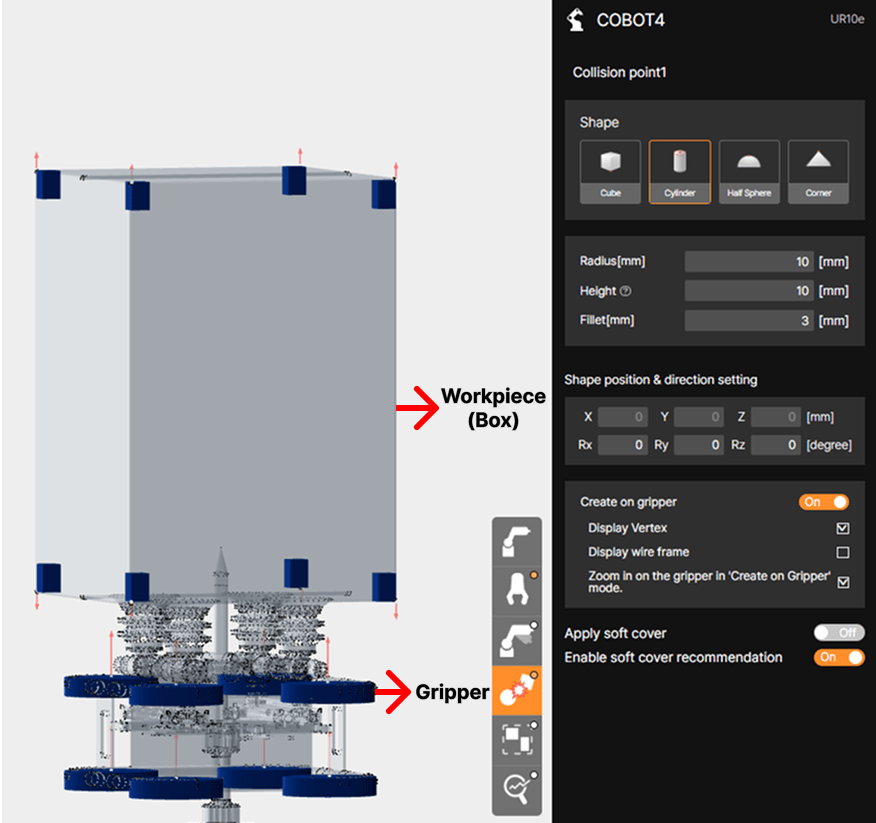 Examples of collision point settings on the 3D models