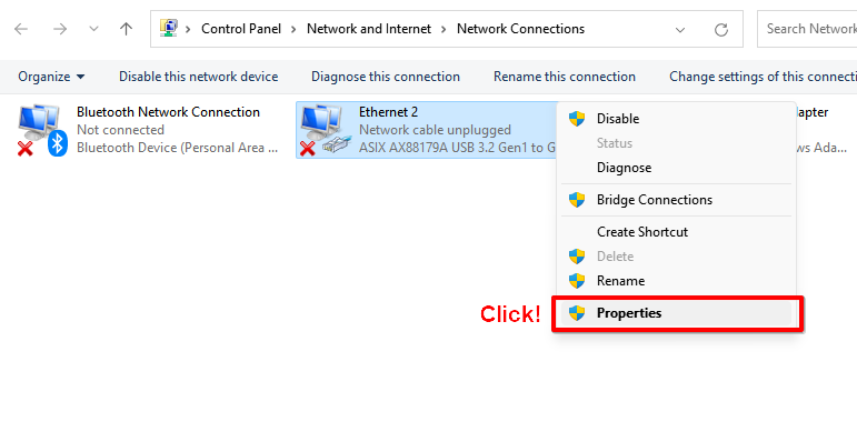 Control panel – right-click ethernet adapter