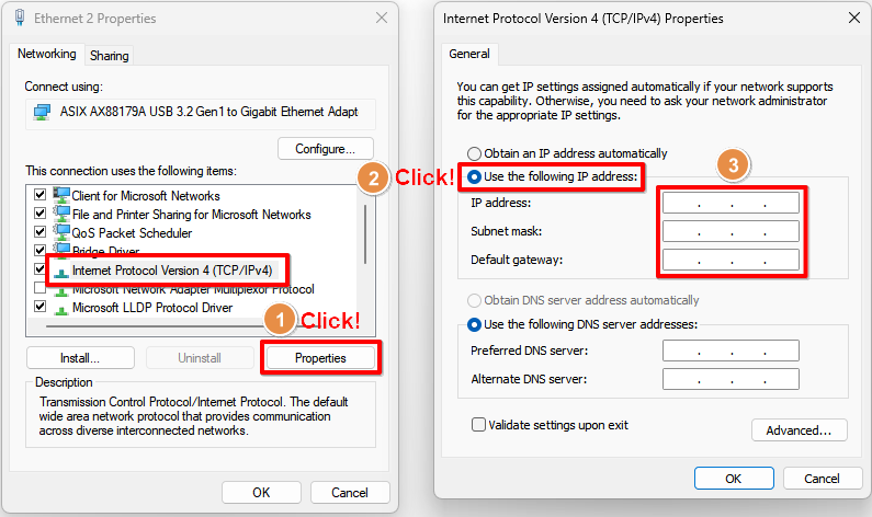 Ethernet properties and IPv4 properties