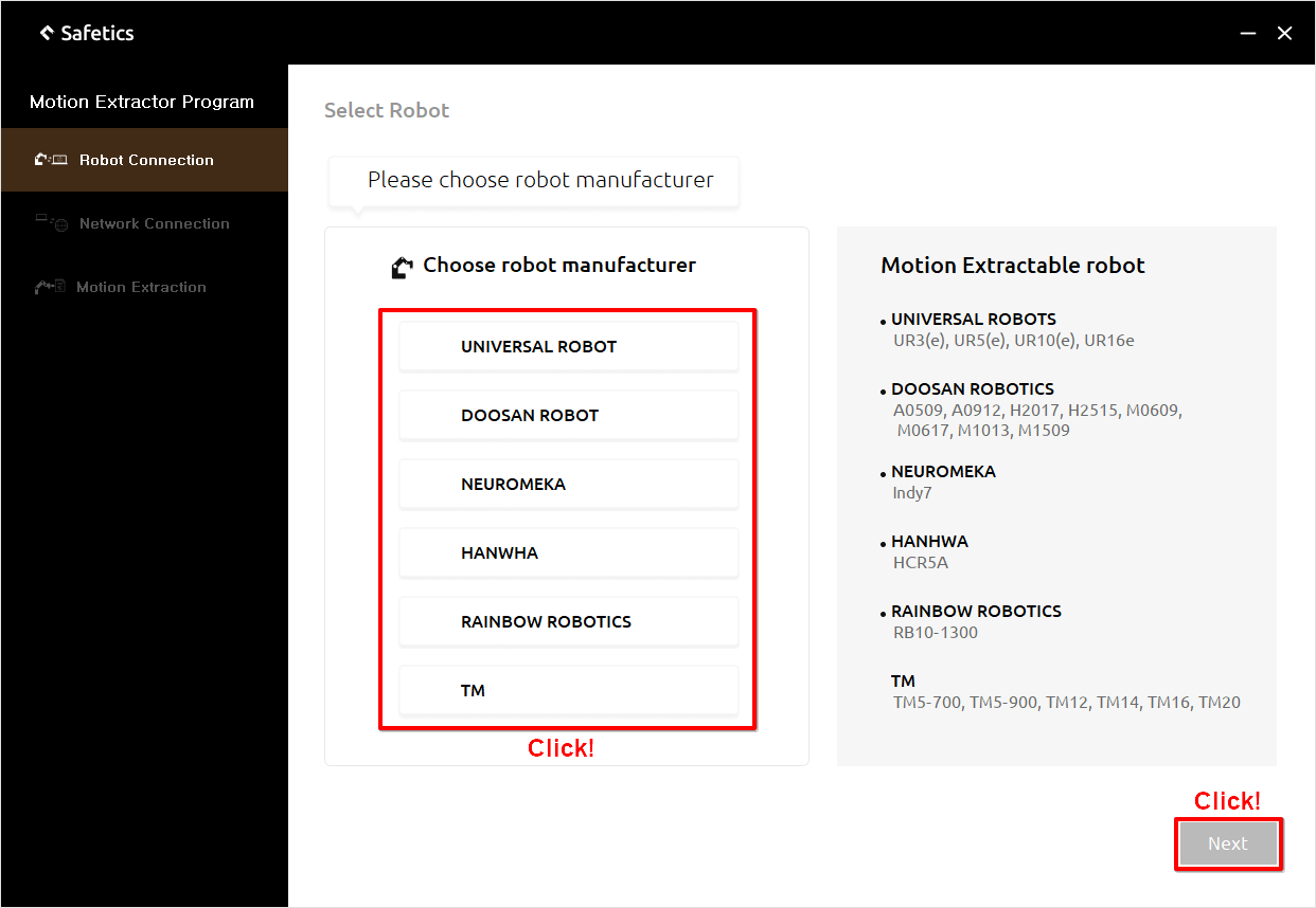 Connect robot – select manufacturer