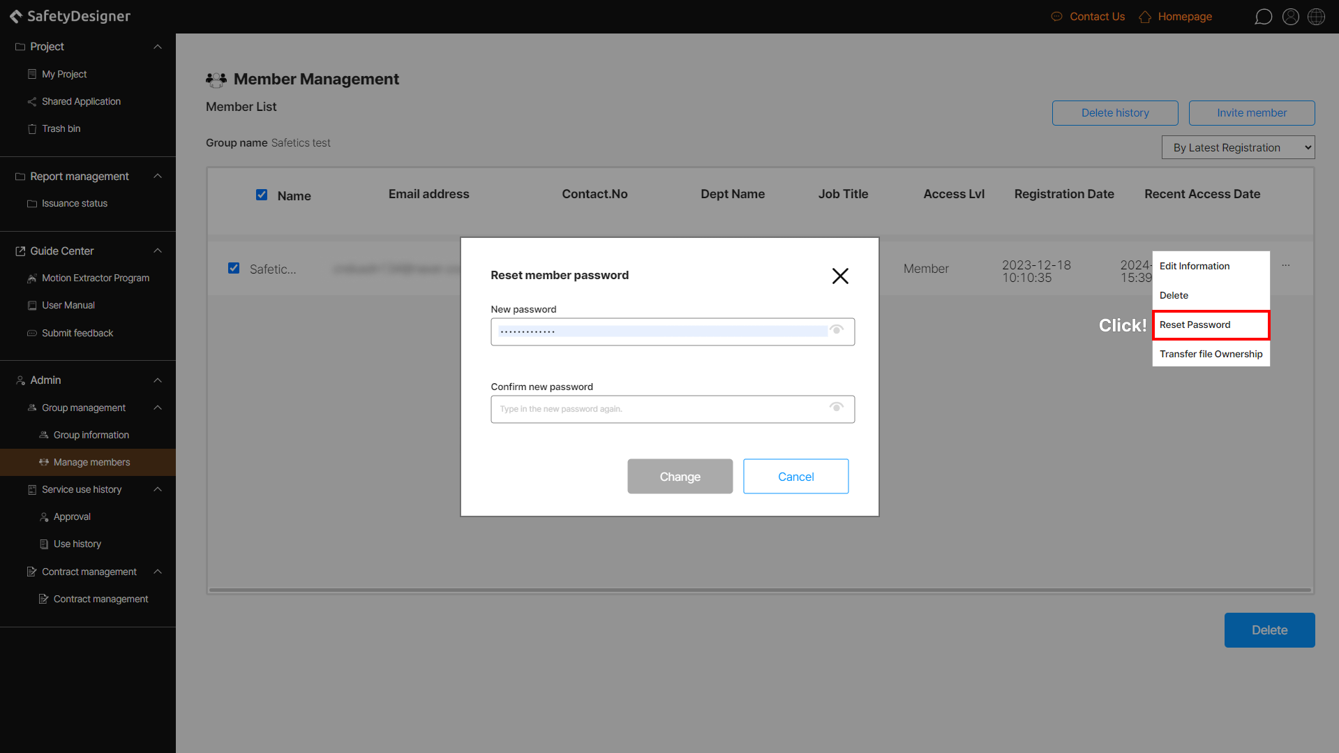 Manage members – reset member password
