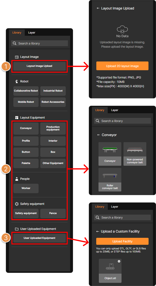 Layers Panel (Left) – Uploading 2D layout image and Placing 3D Equipment