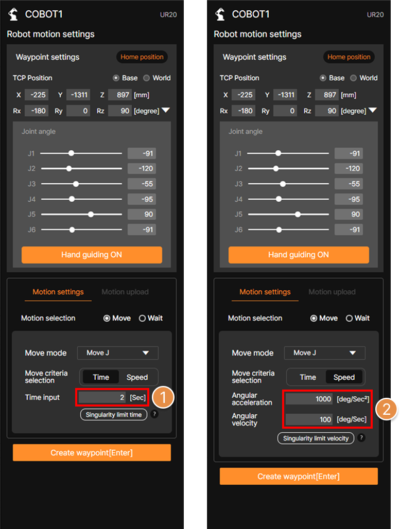 Create motion – Status of selecting the created waypoint