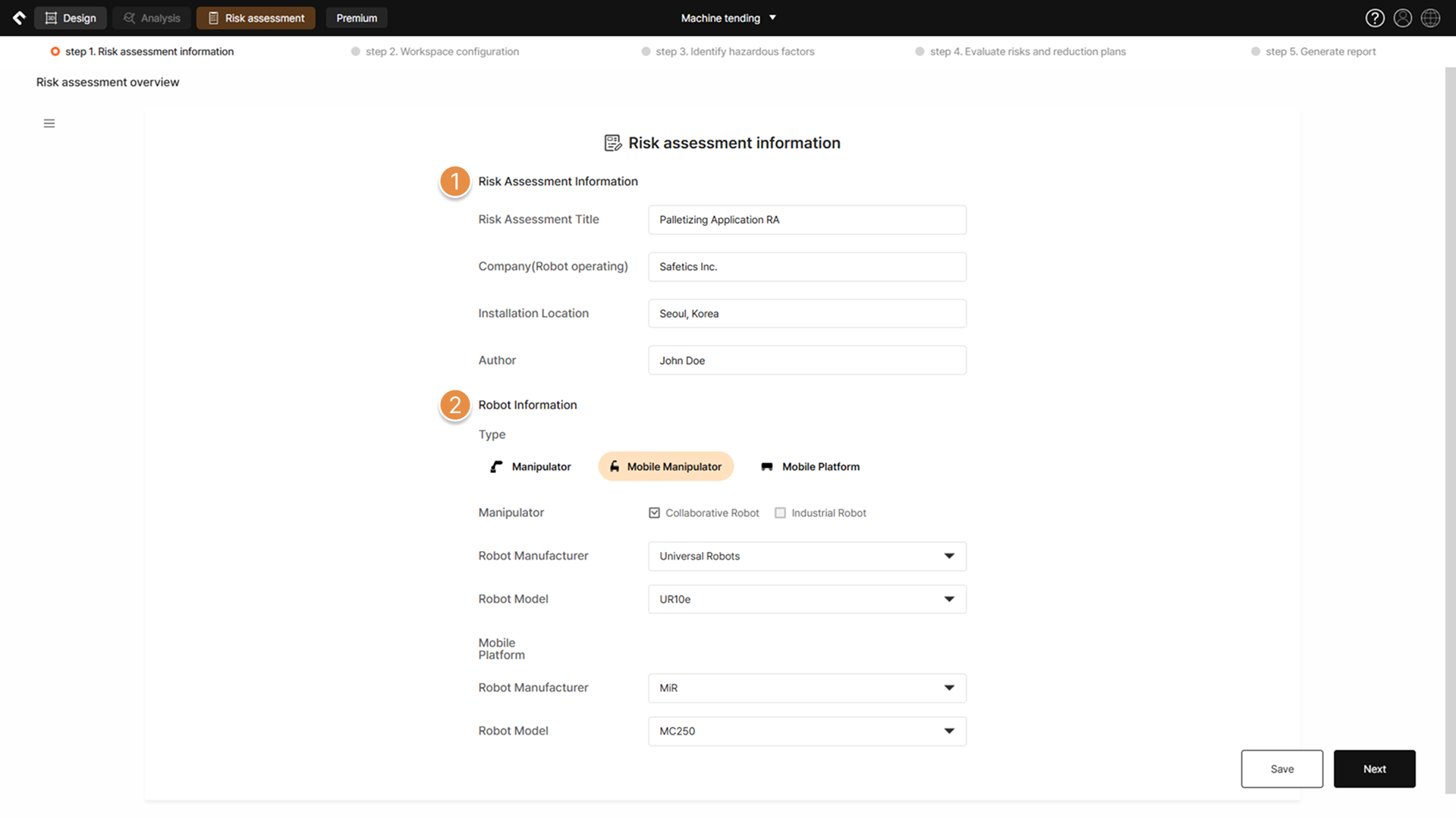 Step 1 – Risk assessment information input 1