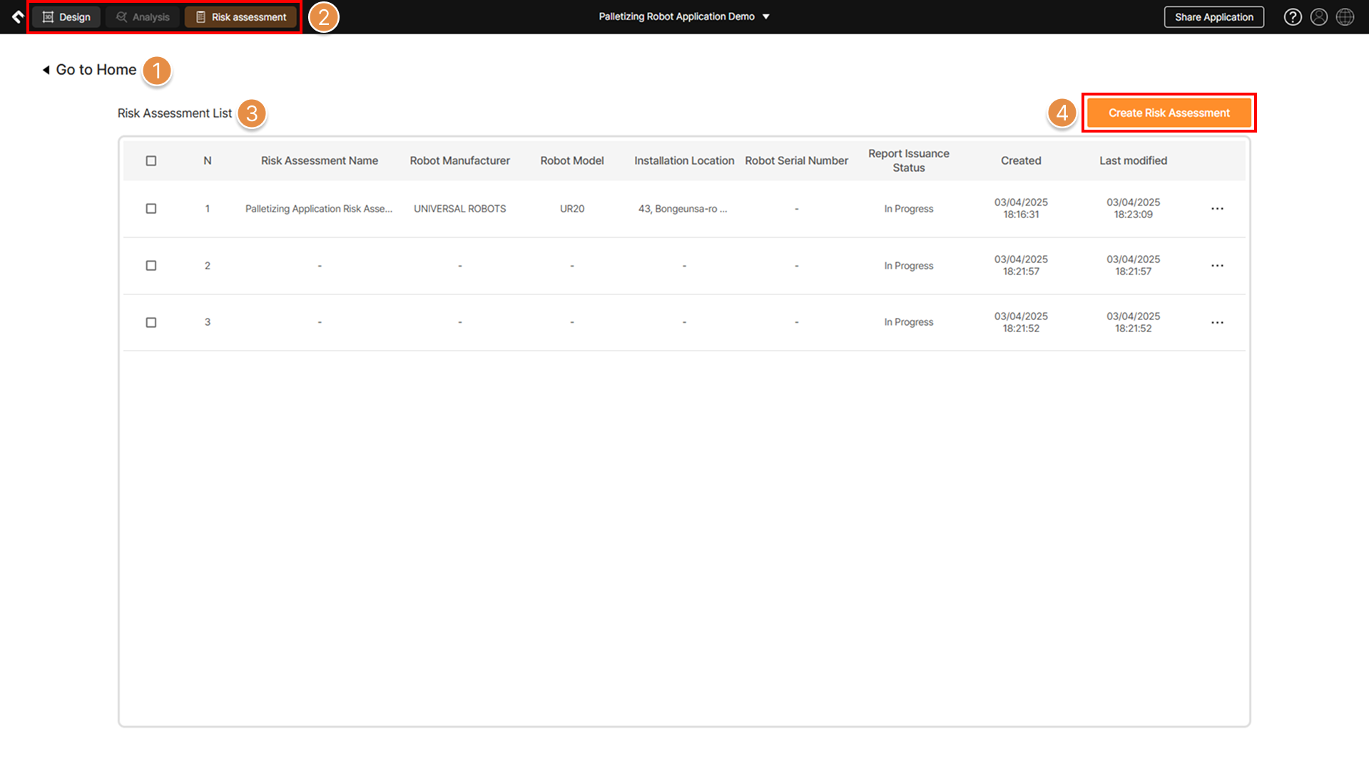 Risk assessment main screen