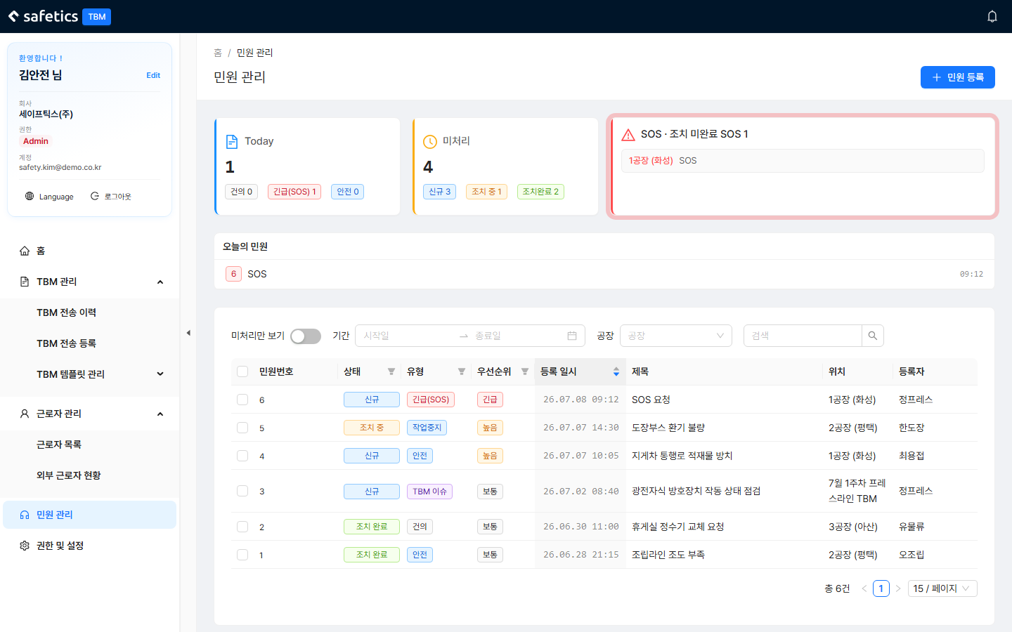 Complaint Management – status cards at the top (Today/Unresolved/SOS) + list