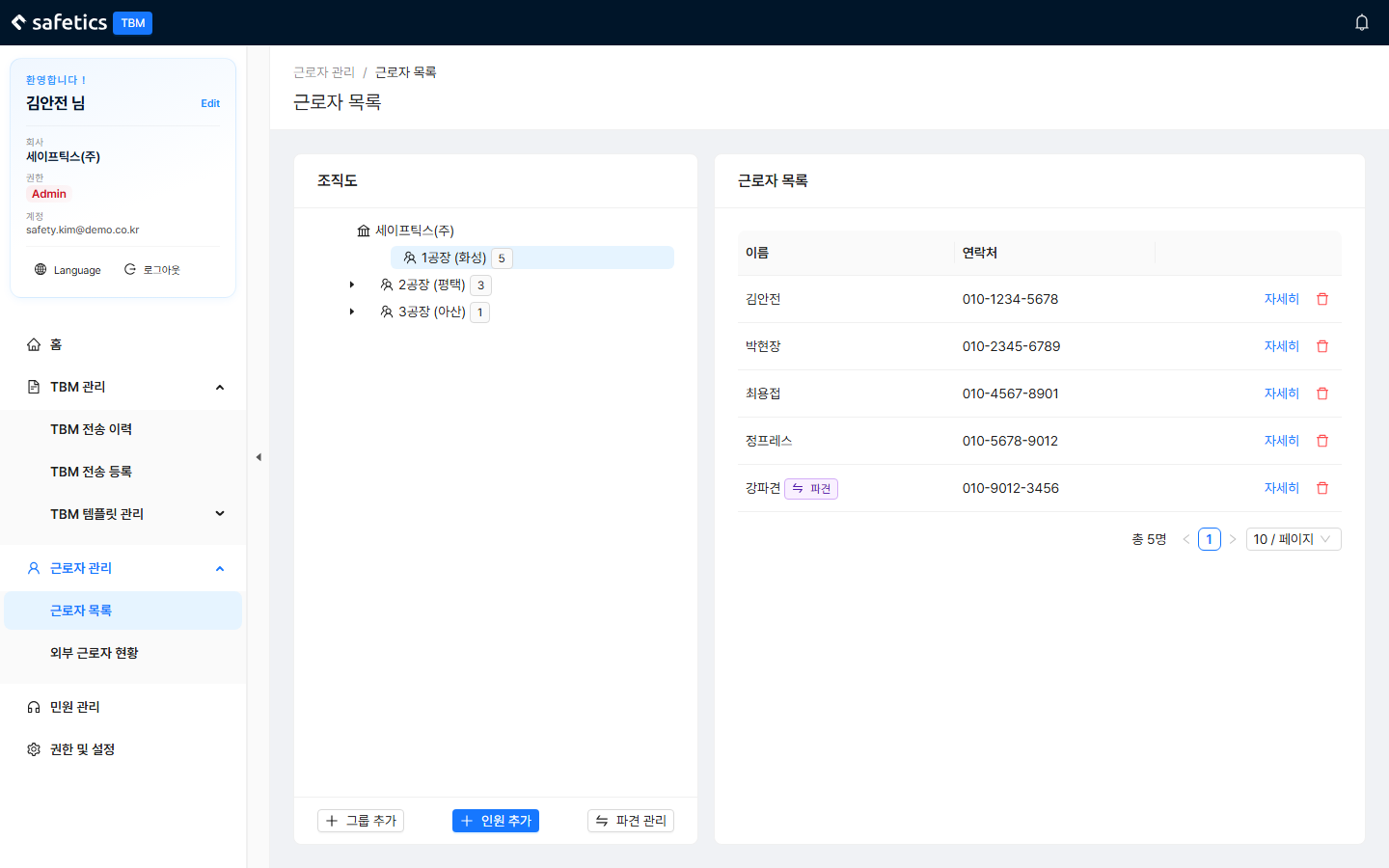 Worker List – left: org chart tree / right: people table & details