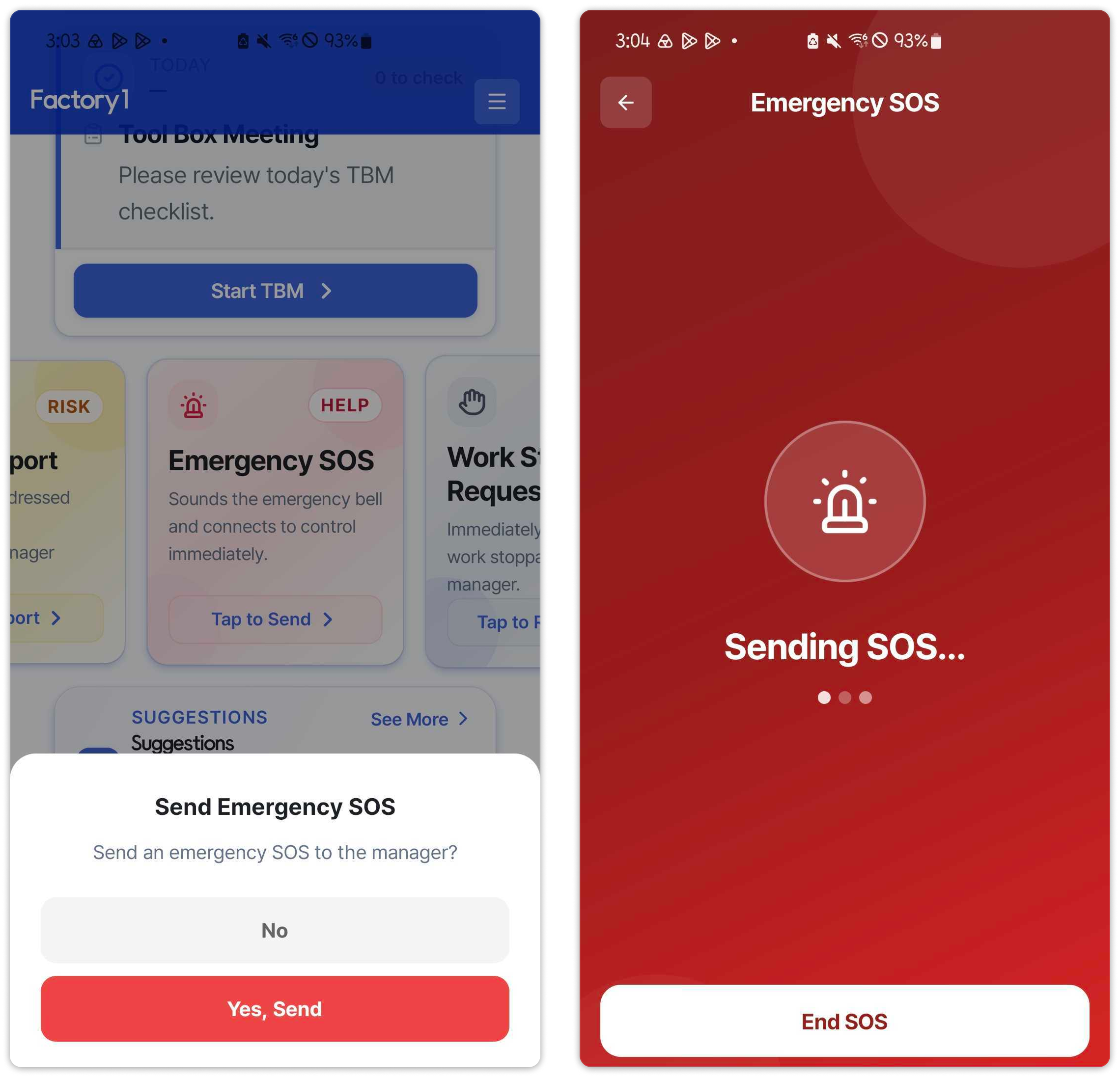 Emergency SOS – confirmation dialog and sending screen